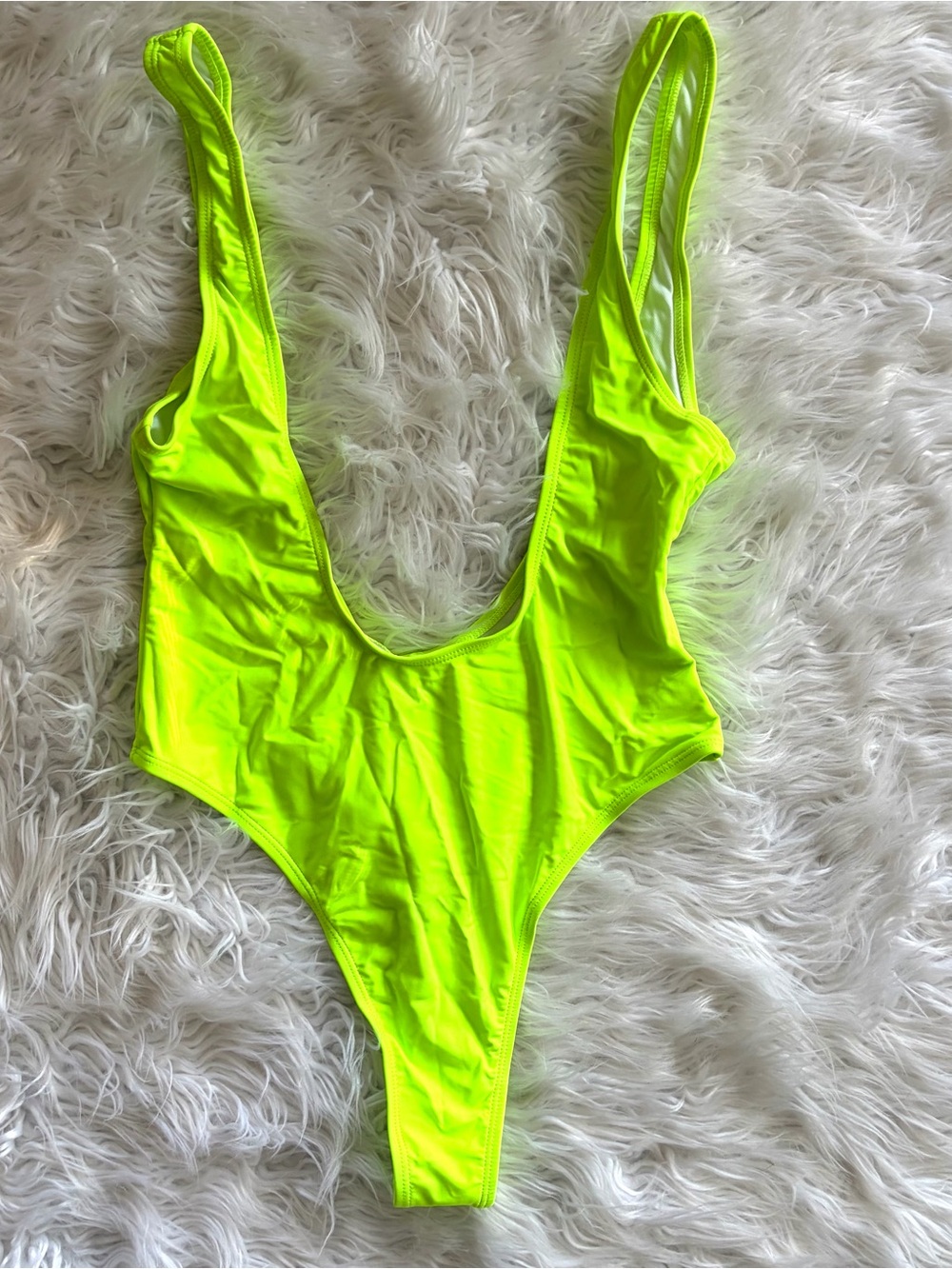 Retro Neon Lime Green High-Cut Plunging One-Piece Swimsuit Large Festival